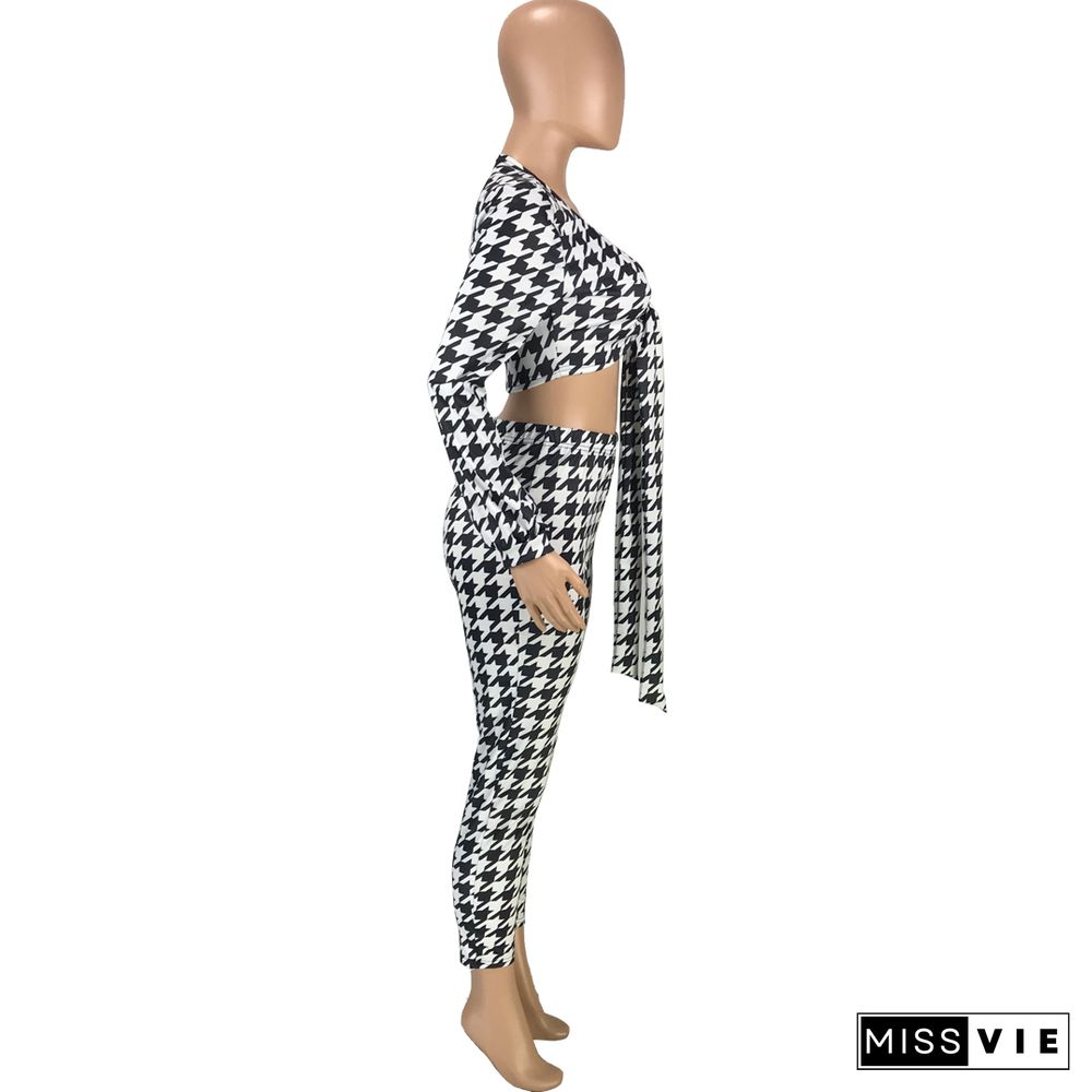 Houndstooth Print Bandage Crop Top Pants Set