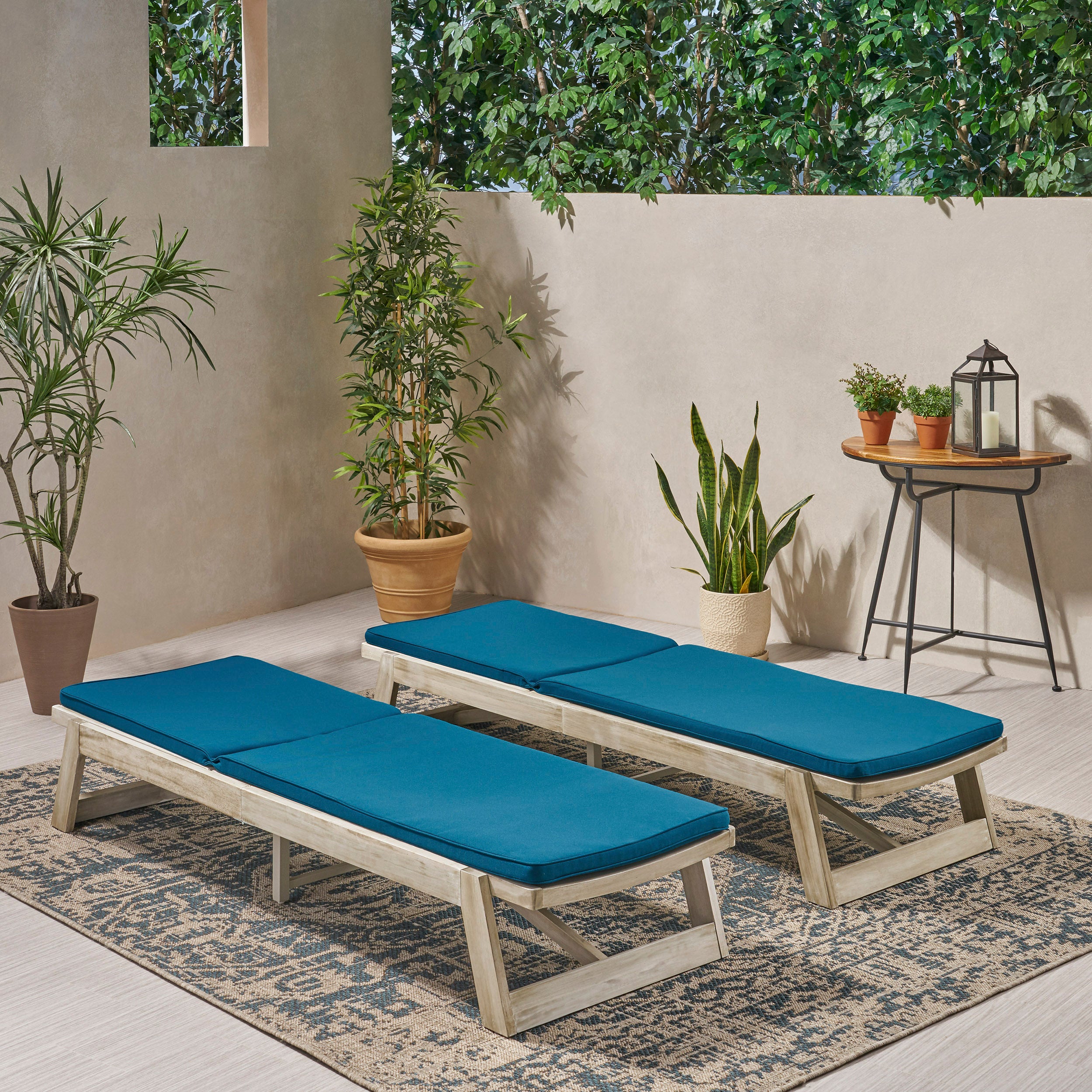 Tina Outdoor Acacia Wood Chaise Lounge and Cushion Sets (Set of 2)