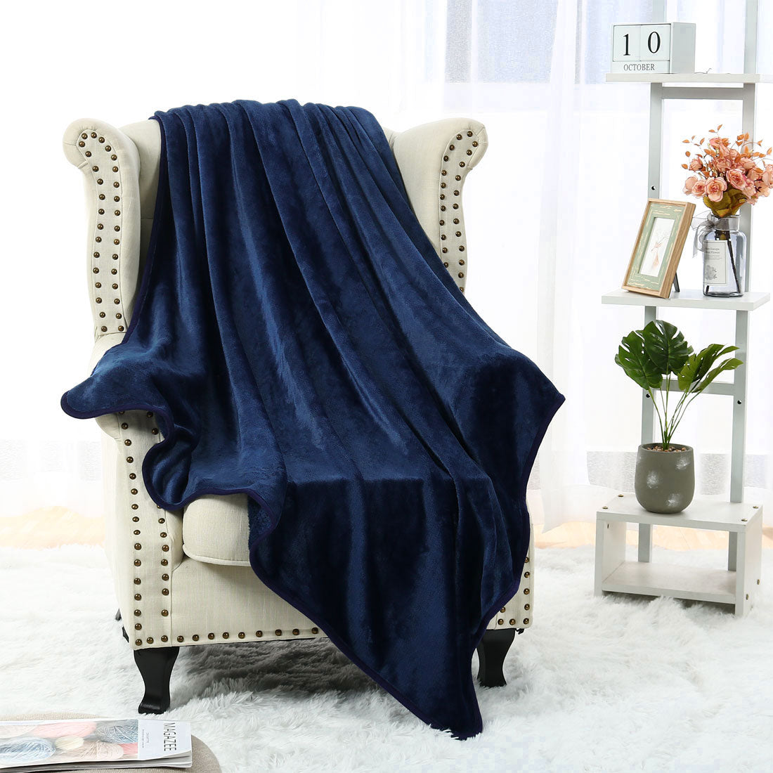 Unique Bargains Flannel Fleece Blanket Soft Luxury Hemmed Navy Blue Twin XL