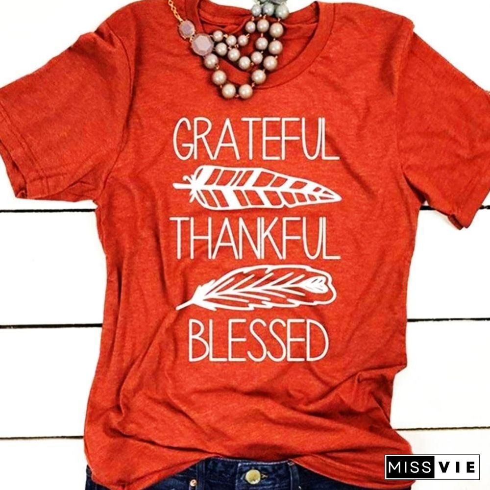 Women T-shirt Summer Short Sleeve Tees Brick Red Blessed Feather Print O-Neck Tops