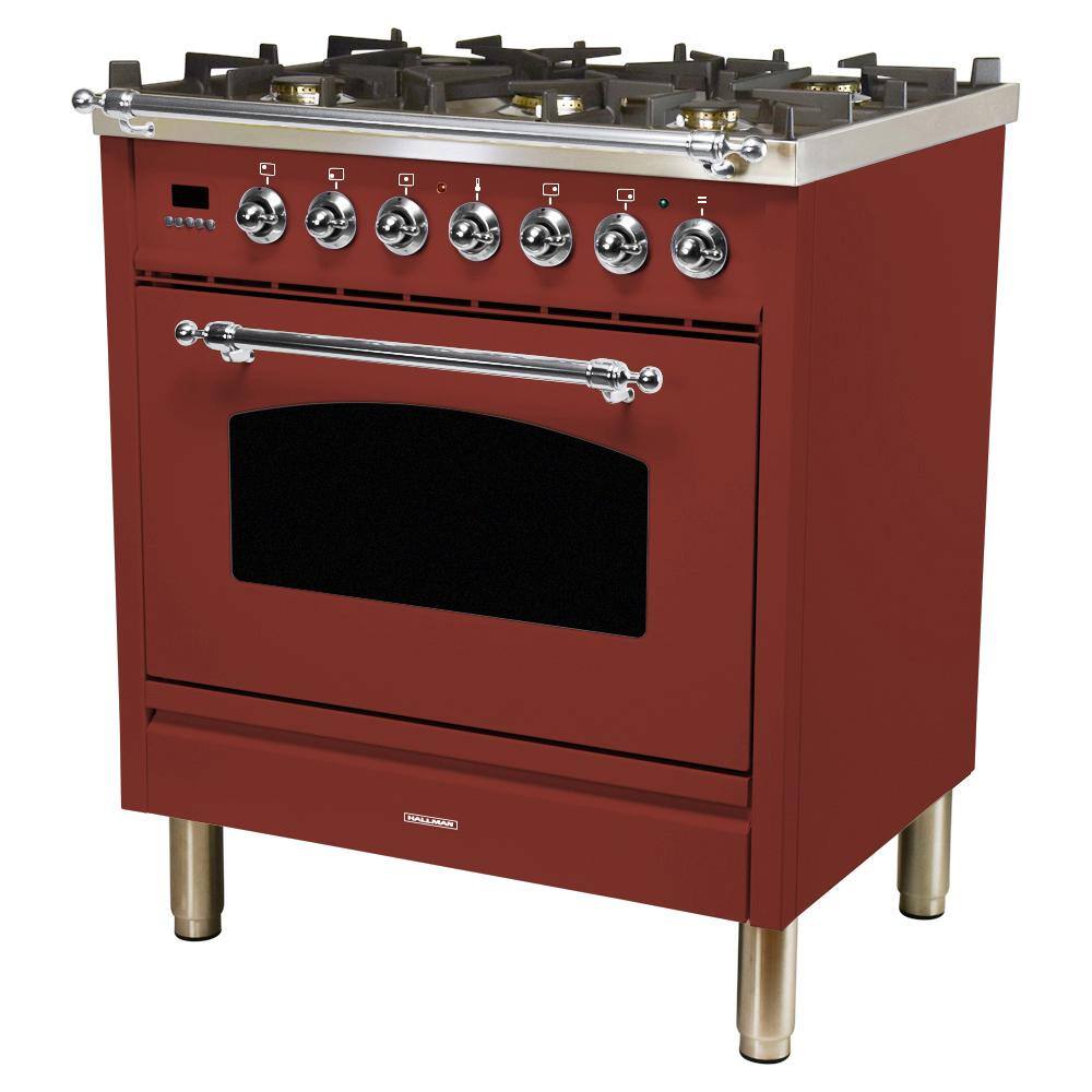 Hallman 30 in. 3.0 cu. ft. Single Oven Dual Fuel Italian Range with True Convection 5 Burners LP Gas Chrome Trim in Burgundy HDFR30CMBGLP