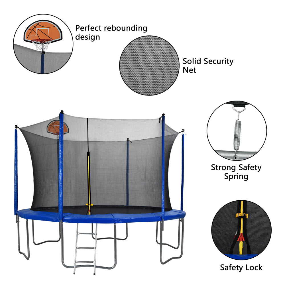 12ft Trampoline ， 200lb Weight Limit With Backboard Net，Outdoor Backyard Trampoline - Blue，N00112