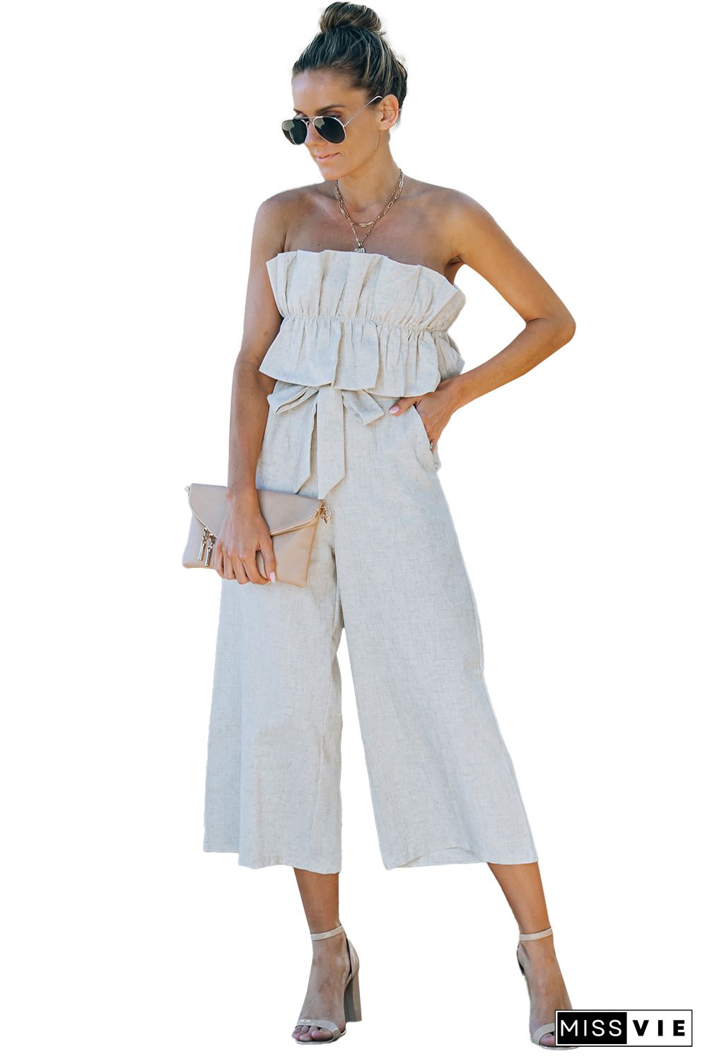 Beige Ruffled Strapless Wide Leg Jumpsuit