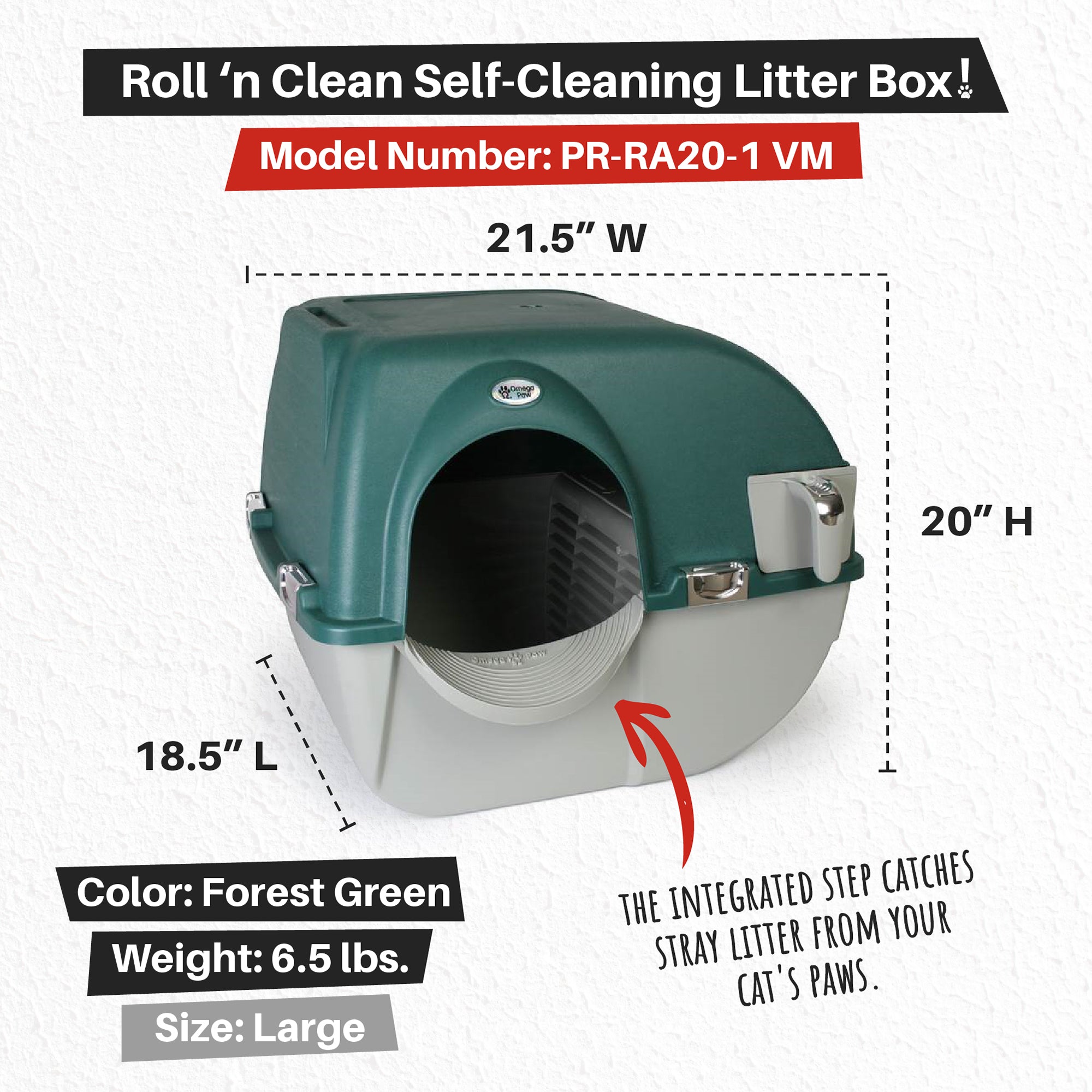 Omega Paw Premium Roll 'N Clean Self Cleaning Litter Box， Large， Green