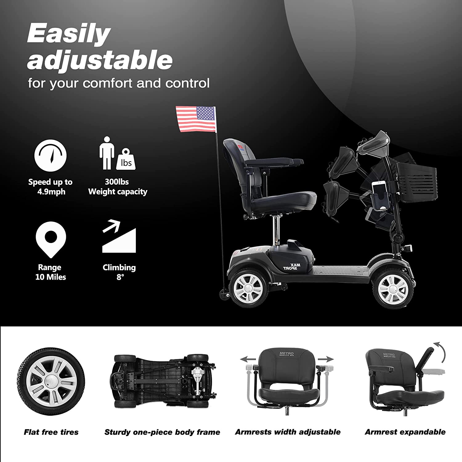 4 Wheel Mobility Scooters- Folding Electric Powered Wheelchair Device for Seniors Adults Elderly, Collapsible and Compact Heavy Duty Mobile for Travel with Basket (MAX Sport Grey)