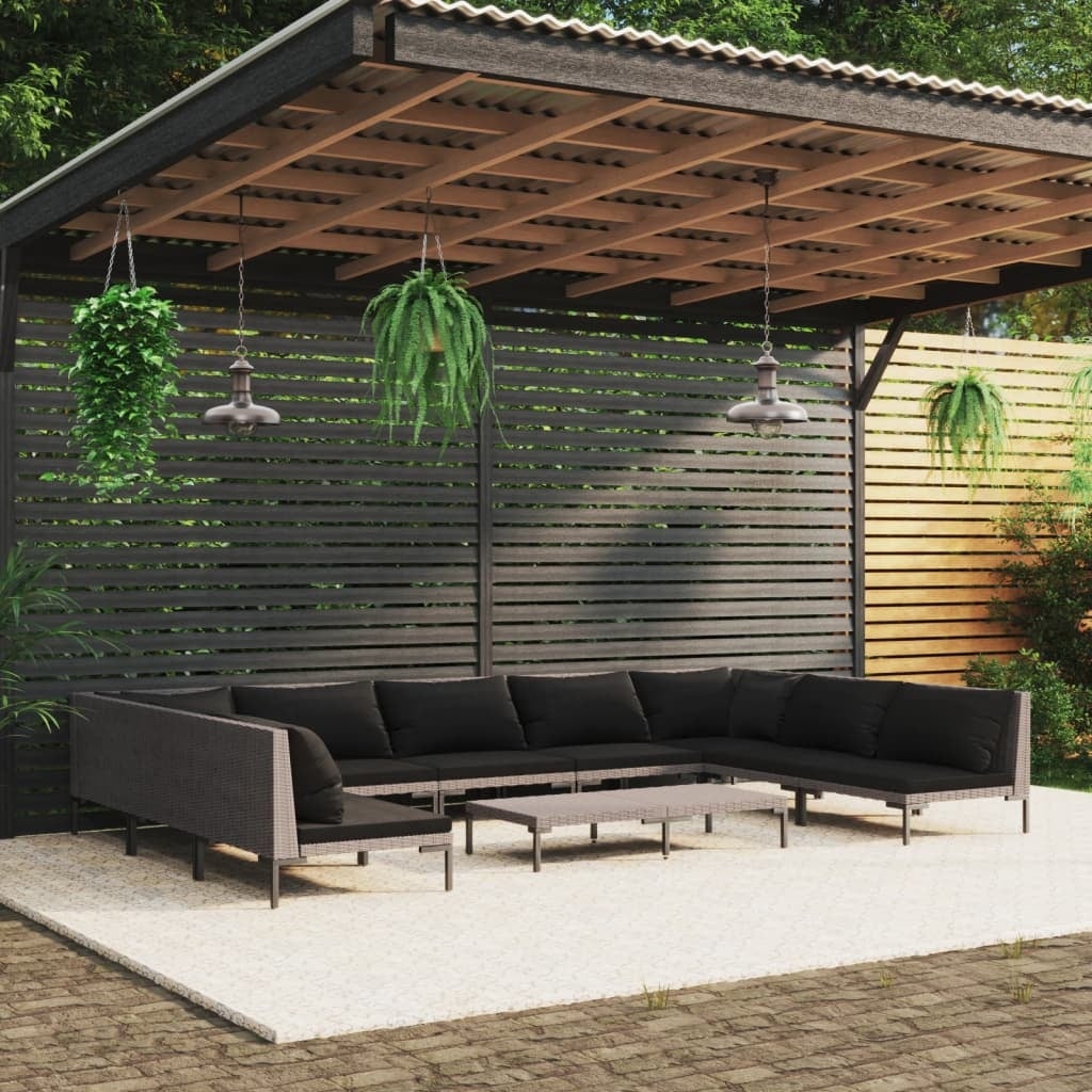 10 Piece Patio Lounge Set with Cushions Poly Rattan Dark Gray - Overstock - 37574381