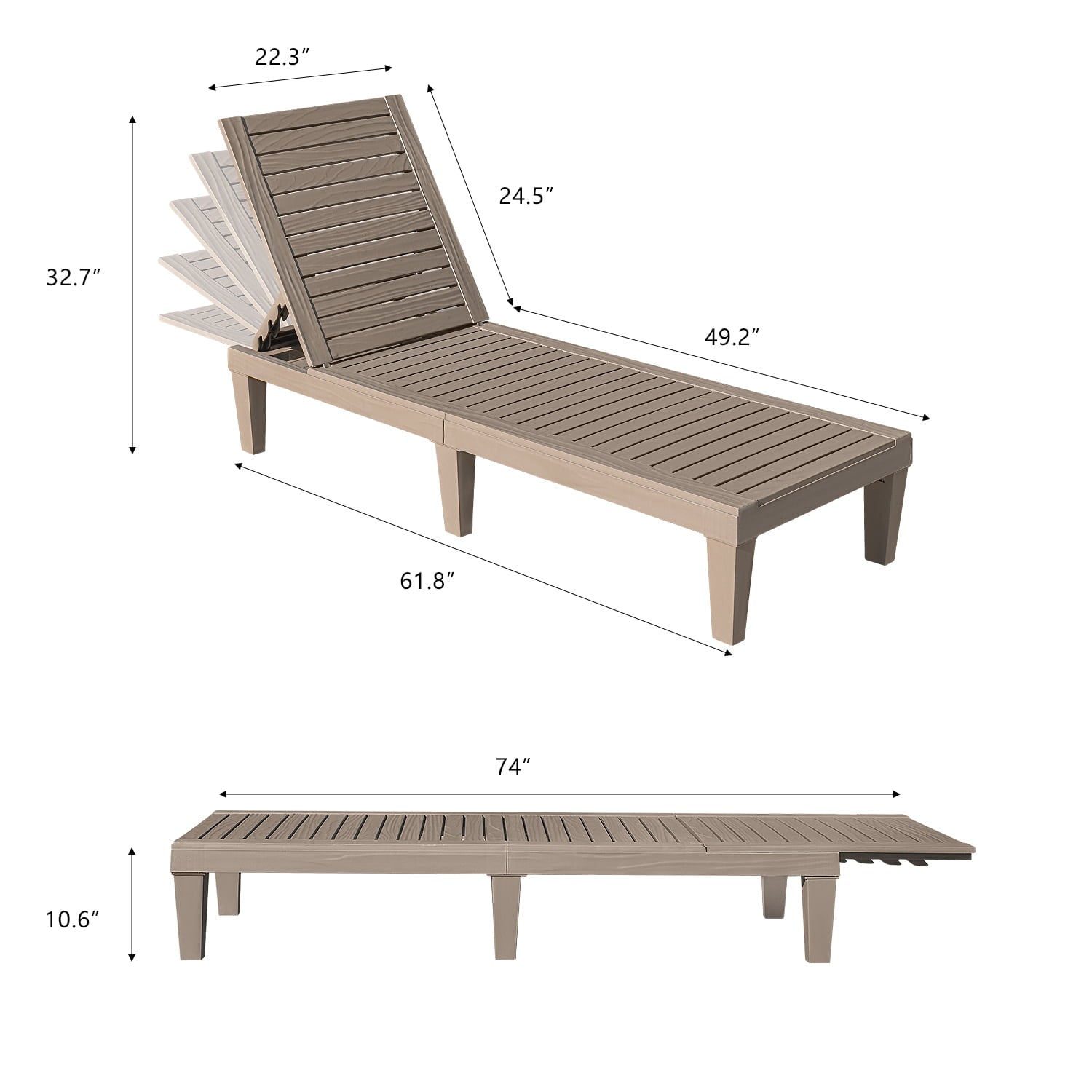 Vineego Set of 2 Patio Outdoor Chaise Lounge Chair Recliner with Adjustable Backrest, Light Taupe