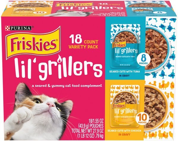 Friskies Lil' Grillers Seared Cuts With Chicken and Tuna in Gravy Variety Pack Wet Cat Food， 1.55-oz pouch， case of 18