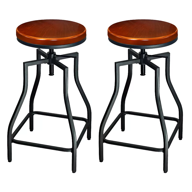 eHemco Adjustable Swivel Metal Kitchen Counter Height Backless Barstool with Wood Veneer Seat