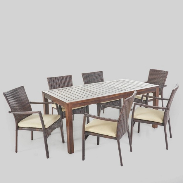 Geelong 7pc Acacia Wood amp Wicker Patio Dining Set Brown Christopher Knight Home Weather resistant All weather Wicker Chairs Rectangular Table