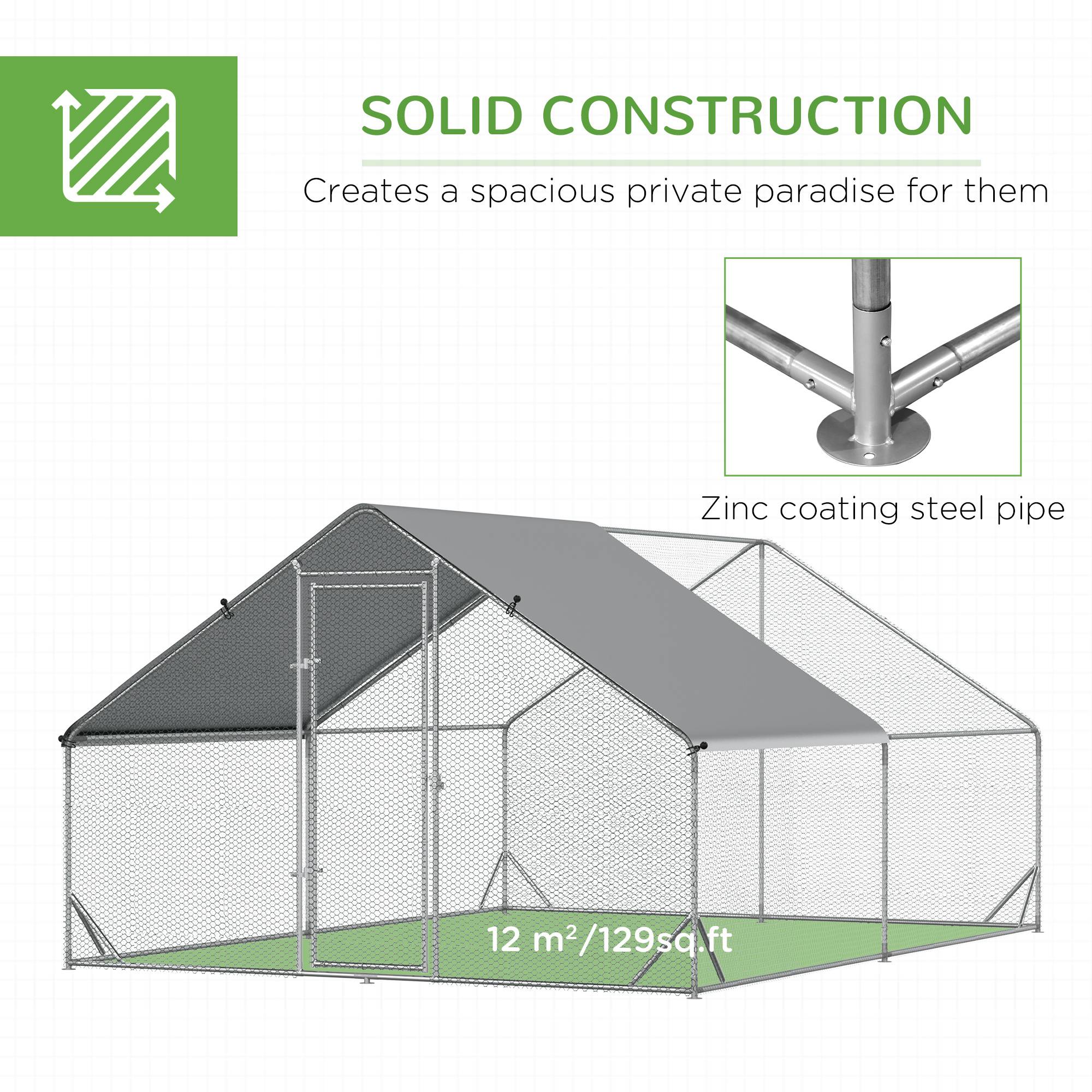 PawHut Large Metal Chicken Coop， Walk-in Poultry Cage Galvanized Hen Playpen House with Cover and Lockable Door for Outdoor， Backyard Farm， 10' x 13' x 6.5'， Silver