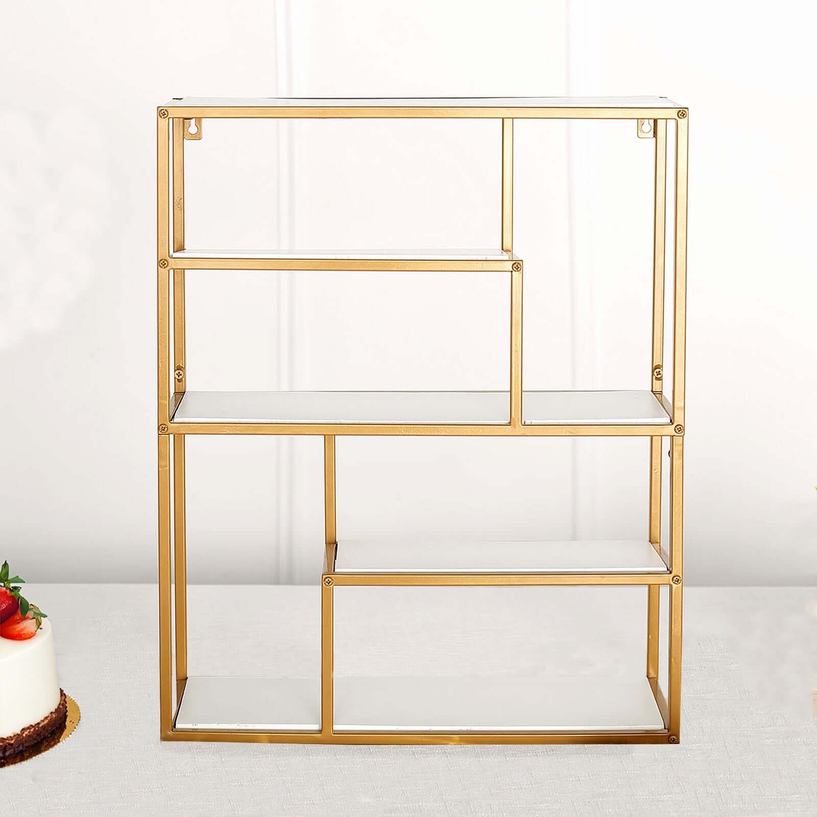 Gold Metal 4-Tier Dessert Cupcake Stand, Wall Hanging Shelf Display Rack, Book Shelf With White Wood Panels 22