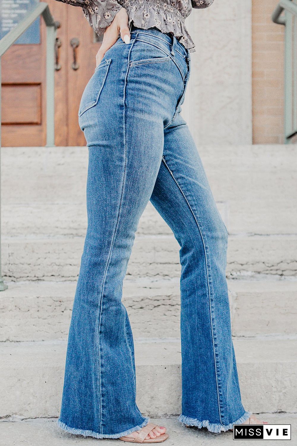 Sky Blue Seamed Raw Hem High Rise Flare Jeans