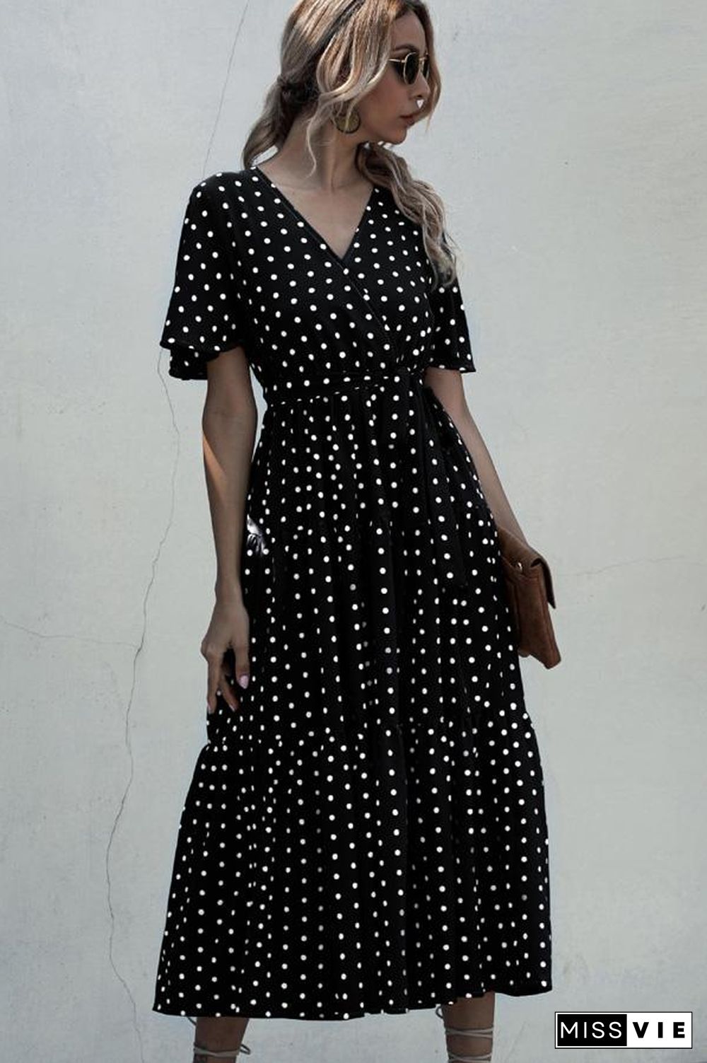 Short Sleeve Dots Print V Neck Maxi Dress