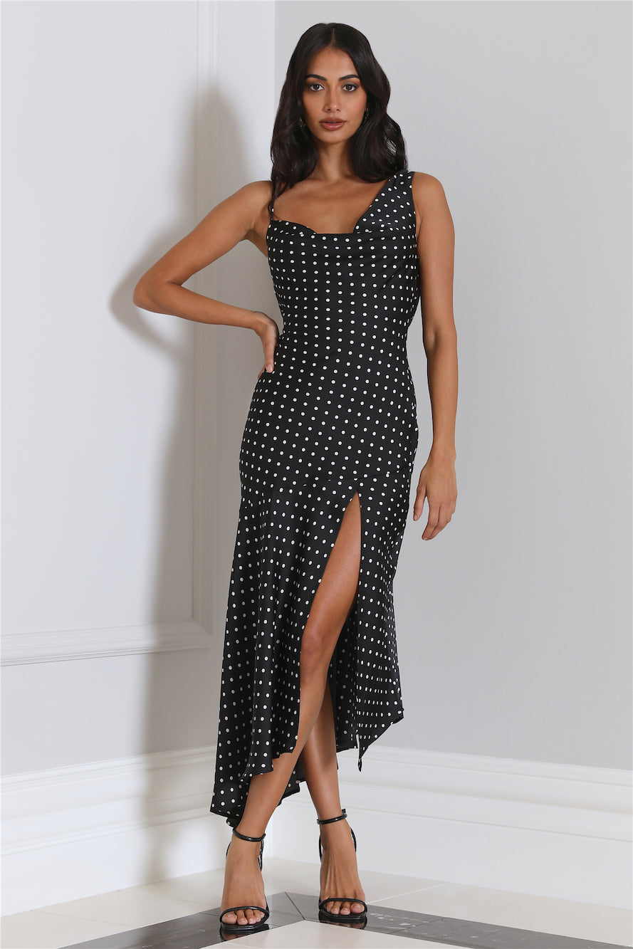 HELLO MOLLY Dotted Moment Satin Polka Dot Midi Dress Black