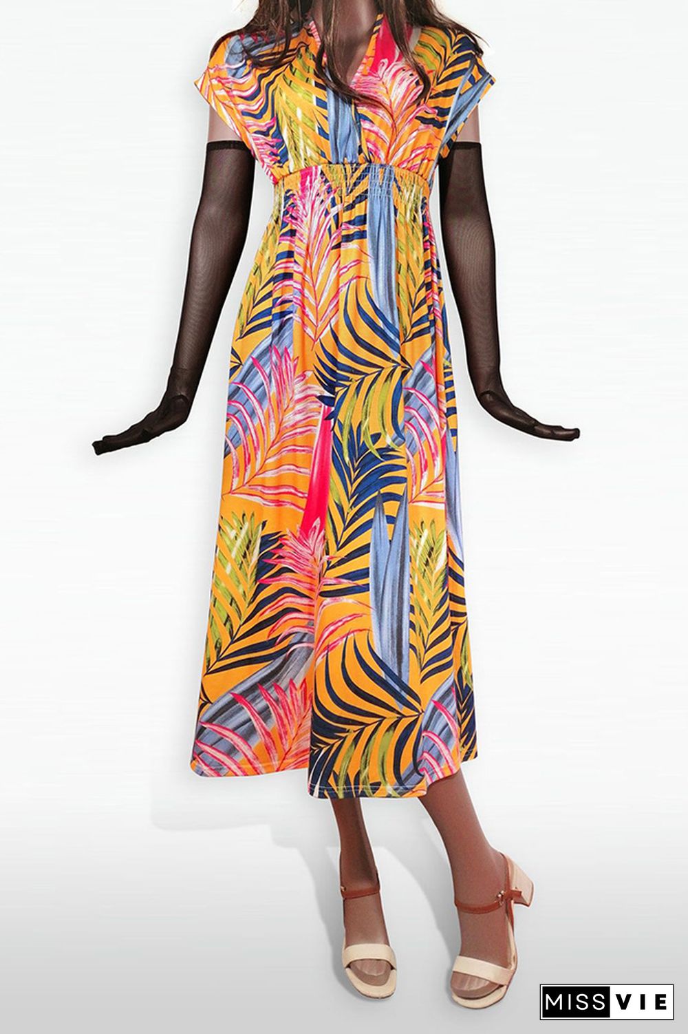 Printed V Neck Smocked Waist Maxi Dress