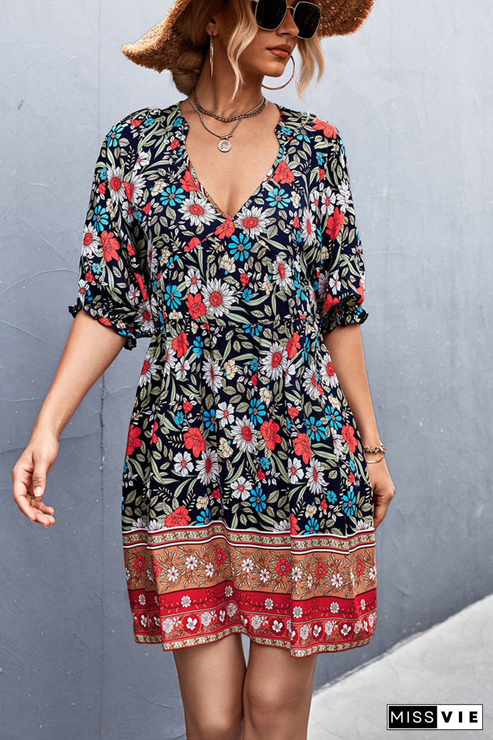 Floral Print V Neck Bohemia Style Mini Dress Wholesale