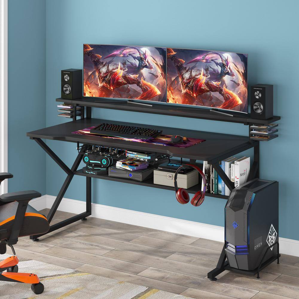 Tribesigns George 59 in. Rectangular Black Engineered Wood Computer Desk with Monitor Shelf CPU Stand FFHD-C0374