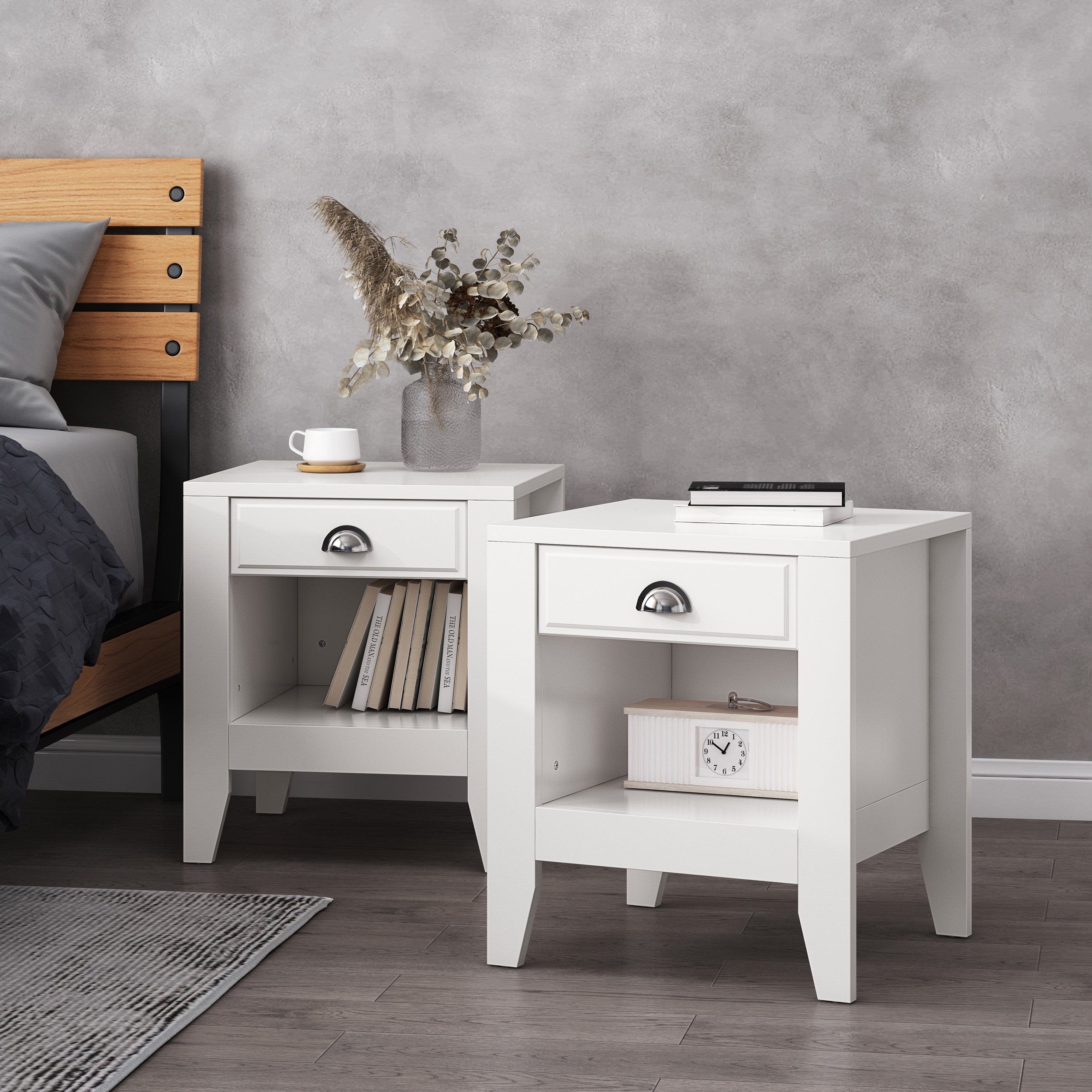 Cleary Contemporary Faux Wood Nightstands with Drawer, Set of 2, White