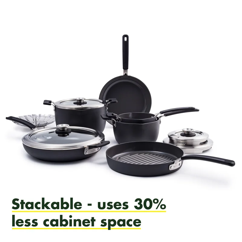 GreenPan Levels Stackable Hard Anodized Healthy Ceramic Nonstick 11 Piece Cookware Pots and Pans Set， PFAS-Free， Dishwasher Safe， Black