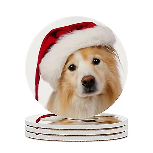 Round Drink Coasters 1 Pcs Dog With Red And White Santa Hat Absorbent Ceramic Coaster With Cork Base For Coffee Cups Housewarming Gift For Home Decor