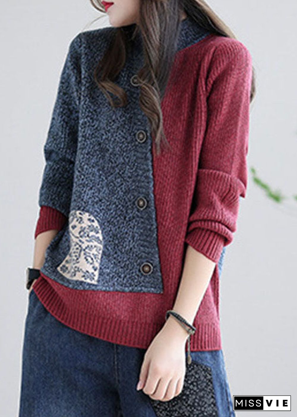 Plus size Red grey Stand Collar Patchwork Knit tops Spring