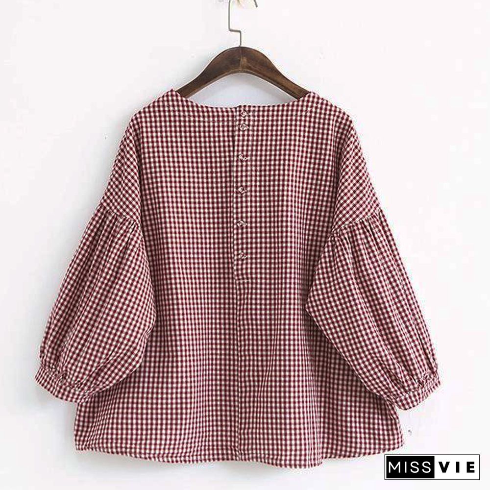 French Plaid Cotton Women Fine Sewing Asymmetric Plus Size Clothing Blouse