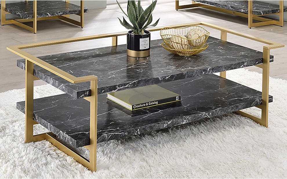 Contemporary Coffee Table  Unique Golden Open Frame With Black Faux Marble Top   Contemporary   Coffee Tables   by Decor Love  Houzz