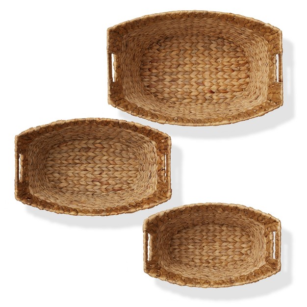 Casafield Set Of 3 Water Hyacinth Oval Baskets With Handles Woven Storage Totes For Blankets Laundry Bathroom Bedroom Living Room