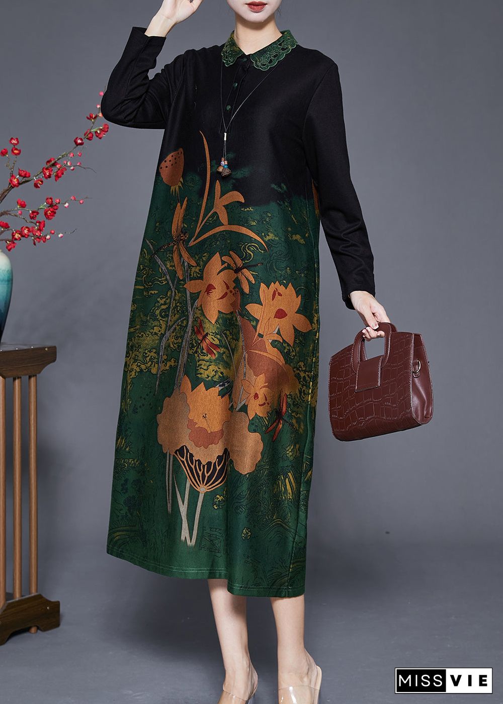 Elegant Green Print Peter Pan Collar Silk Long Dresses Fall