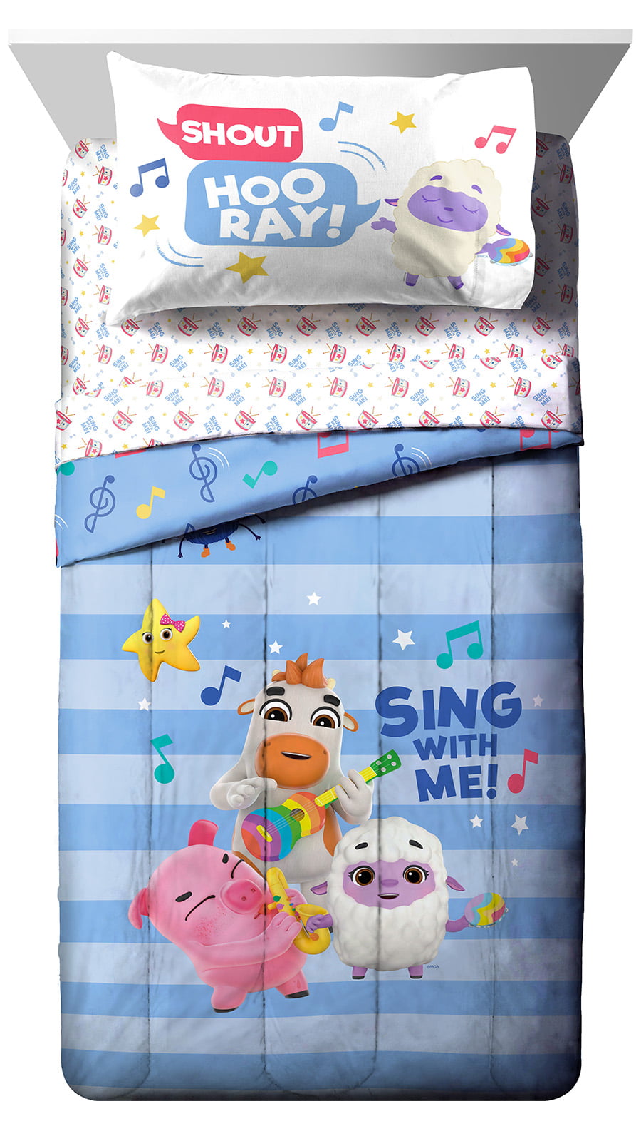 Moonbug Little Baby Bum Sing with Me Blue Striped 5 Piece Twin Bed Set