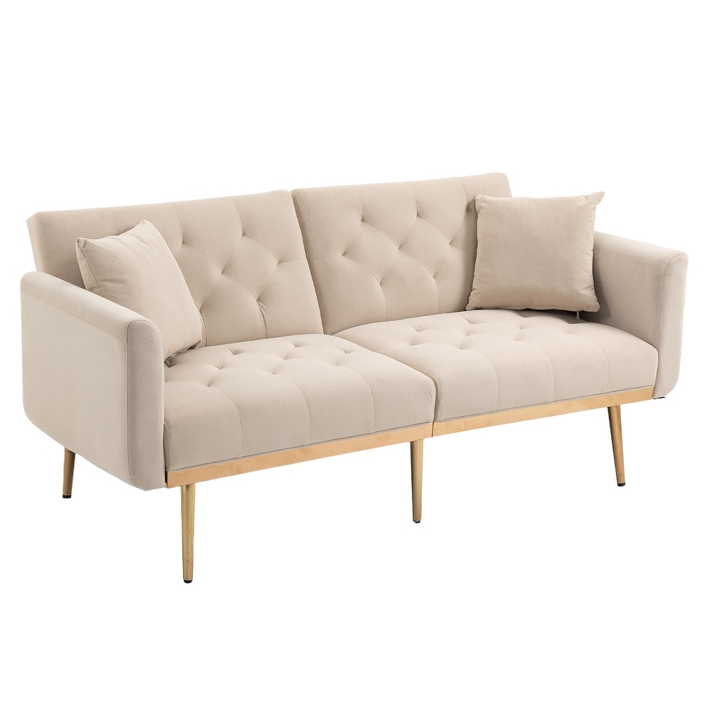 Modern Upholstered 2 Seaters Sofa Velvet Accent Sofa w/ Wood Legs  Beige