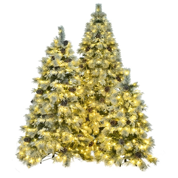 PreLit Snow Flocked Christmas Tree Set，4FT 6FT 7.5FT，PE and PVC Mixed Leaves，Hinged Tree 820 LED Lights，11 Flashing Modes