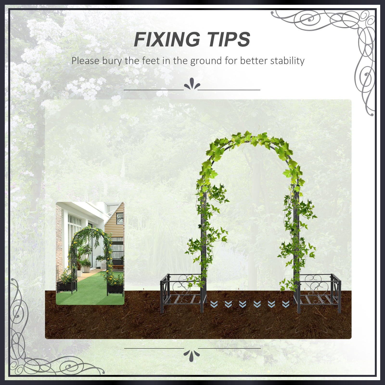 Outsunny Metal Garden Arbor with Planter Boxes Various Climbing Plant Wedding Arch Bridal Party Decoration for Outdoor Lawn