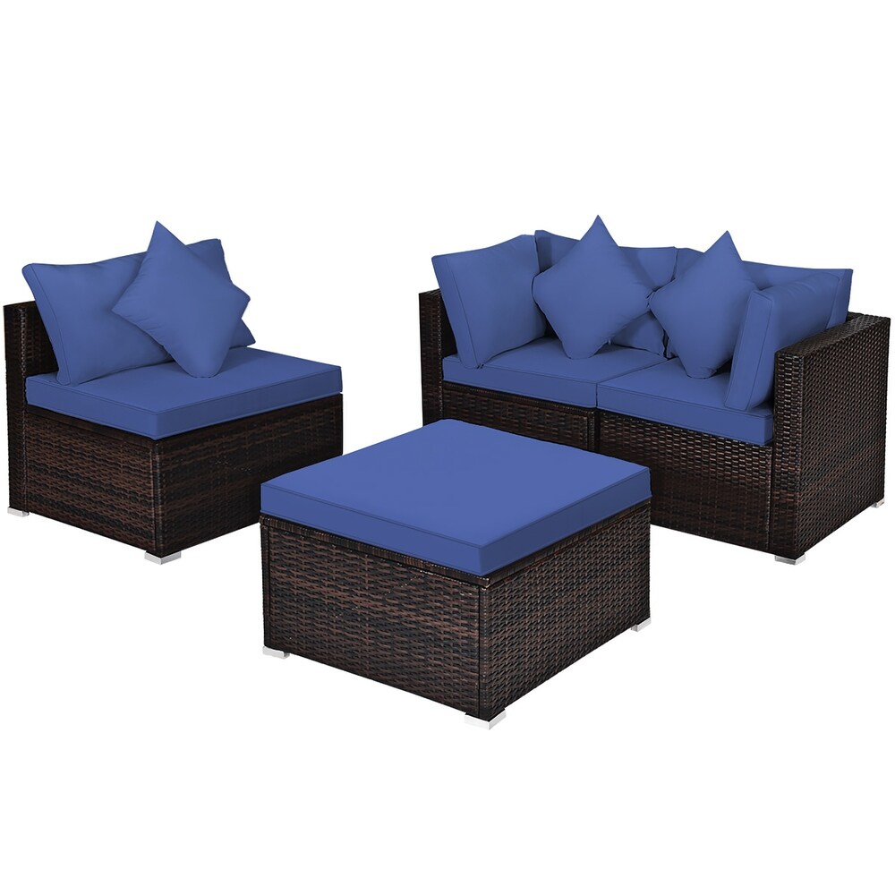 Costway 4PCS Patio Rattan Wicker Furniture Set Cushioned Sofa Ottoman