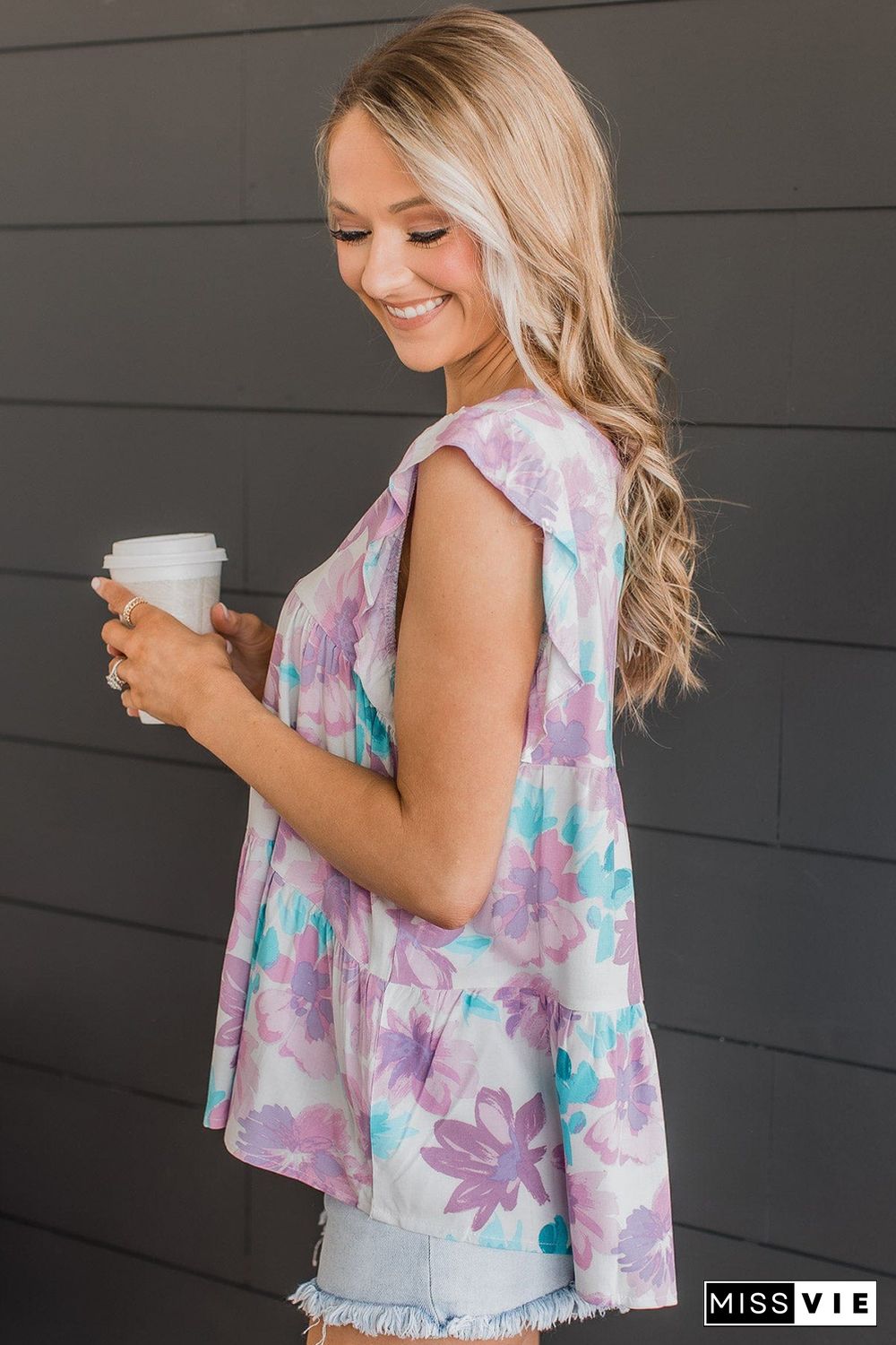 Purple Watercolor Floral Ruffled V Neck Tank Top