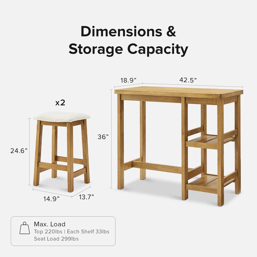 Mopio Kelly Solid Wood Counter Table Set with 2 Boucle stools  3 piece Dining Set  Small Kitchen Island with Storage Shelves