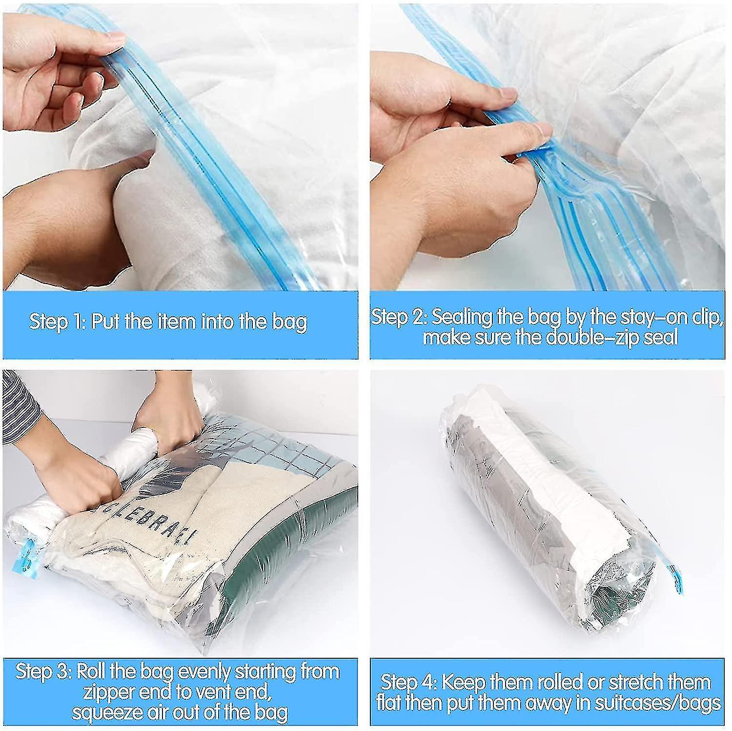 Travel Space Saver Bags， 4 Pack Roll Up Reusable Travel Space Saver Vacuum