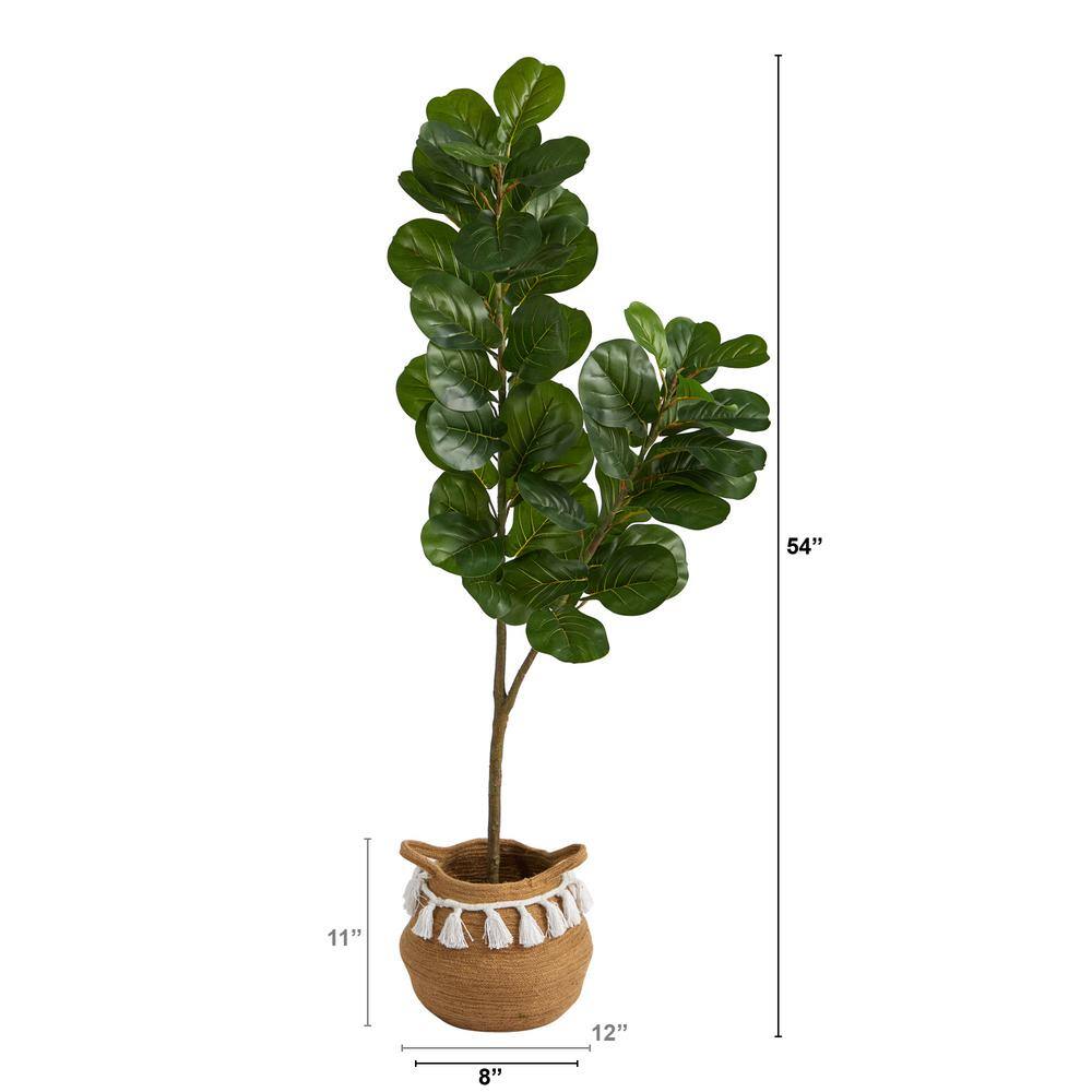 Nearly Natural 4.5 ft. Green Fiddle Leaf Fig Artificial Tree with Boho Chic Handmade Natural Cotton Woven Planter with Tassels T2913