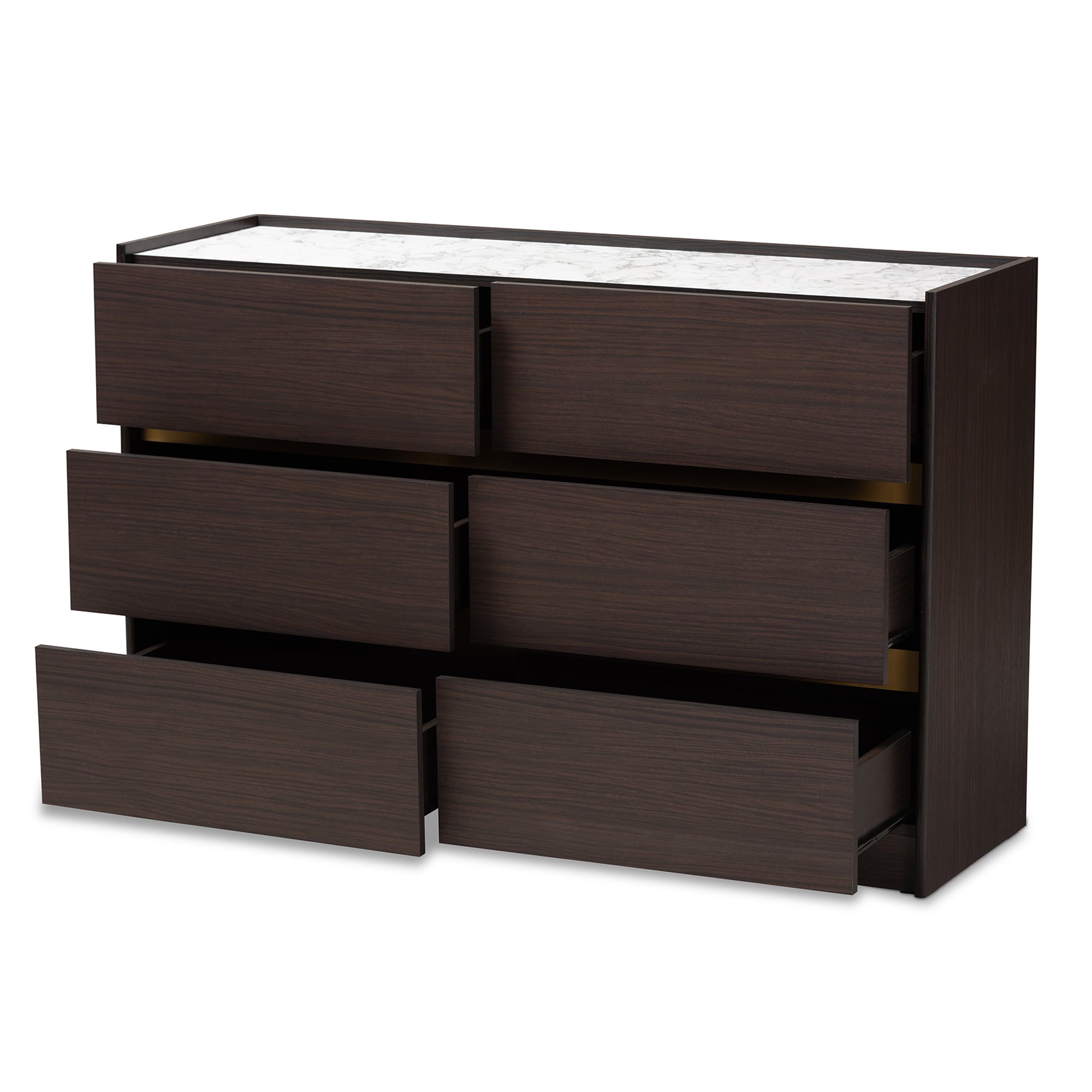 Baxton Studio Walker Modern and Contemporary Dark Brown and Gold Finished Wood 6-Drawer Dresser with Faux Marble Top