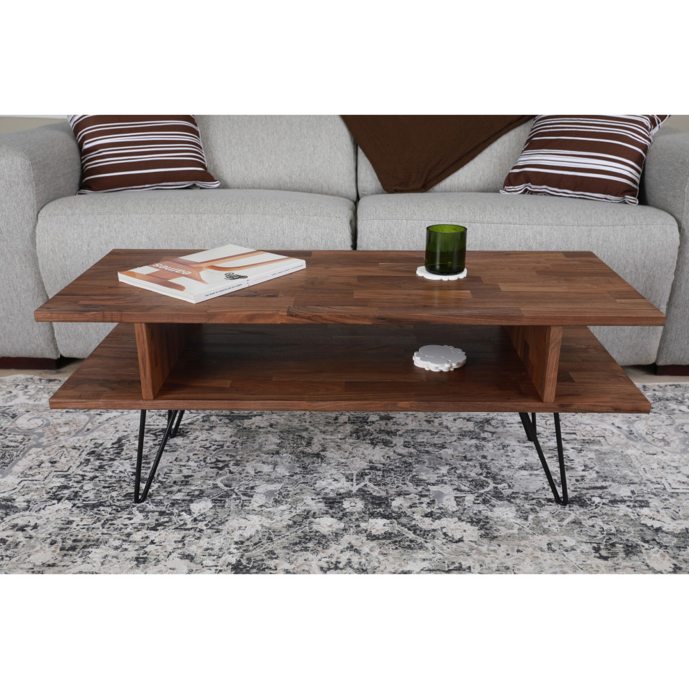 Zuma Modern Coffee Table  Solid Walnut Natural Finish  Black Hairpin Leg   Midcentury   Coffee Tables   by Plush Pod Decor  Houzz