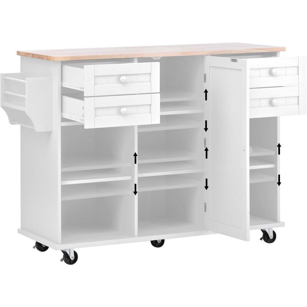 kitchen Island Cart with Spice Rac Towel Rack Drawer Rubber Wood Desktop 5 Wheels Including 4 Lockable Wheels In White KITCHENBLACK09