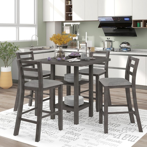 5 piece Wooden Counter Height Dining Set With Padded Chairs And Storage Shelves modernluxe