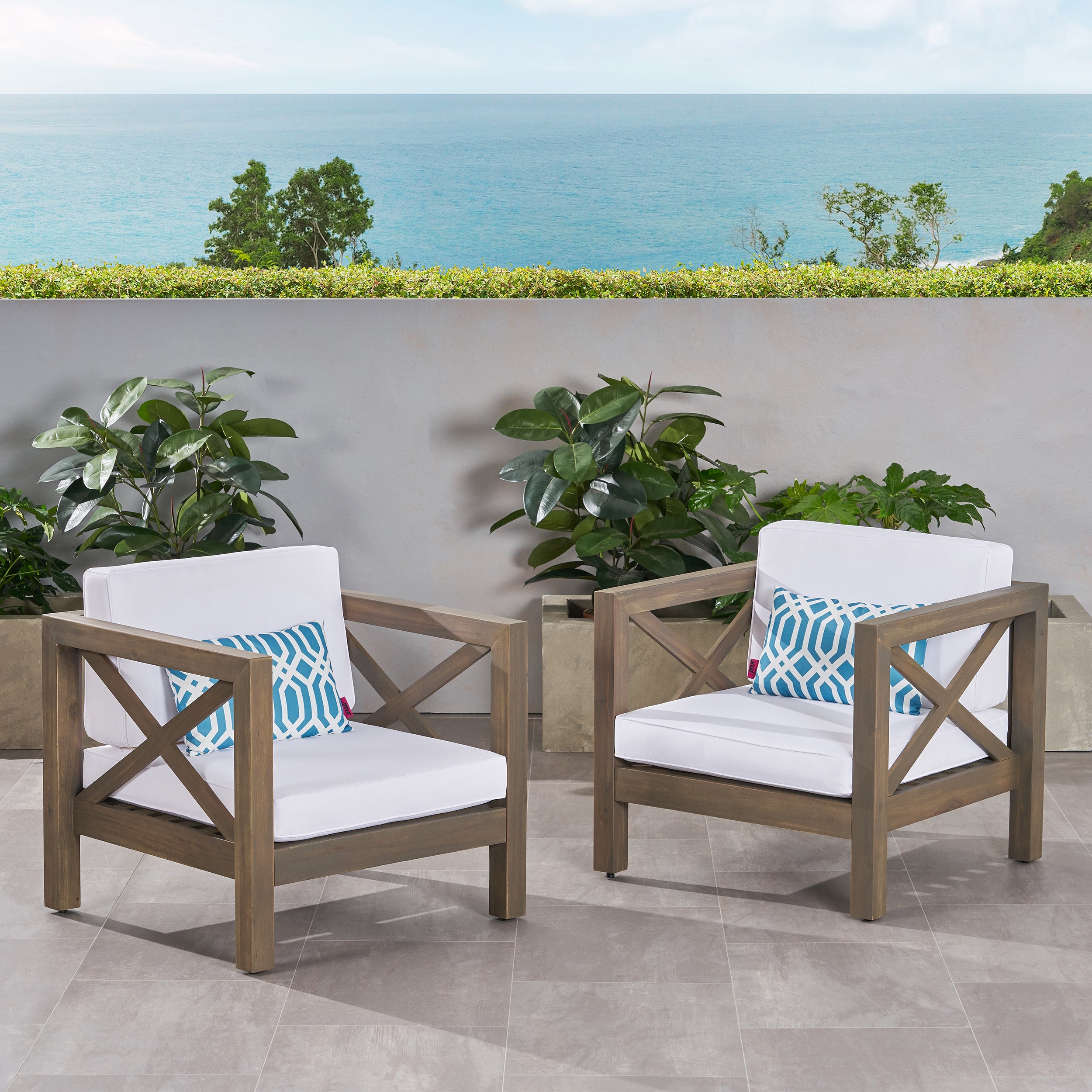 Indira Outdoor Acacia Wood Club Chairs with Cushions (Set of 2)