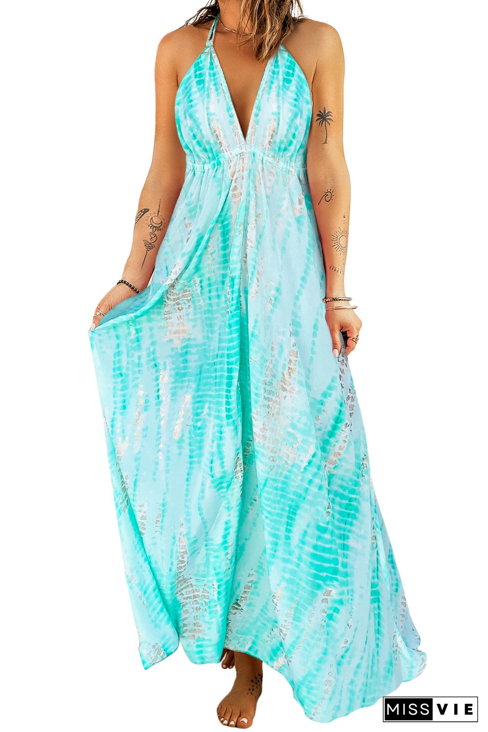 Green Tie Dye Print Lace-up Halter Open Back V Neck Maxi Dress