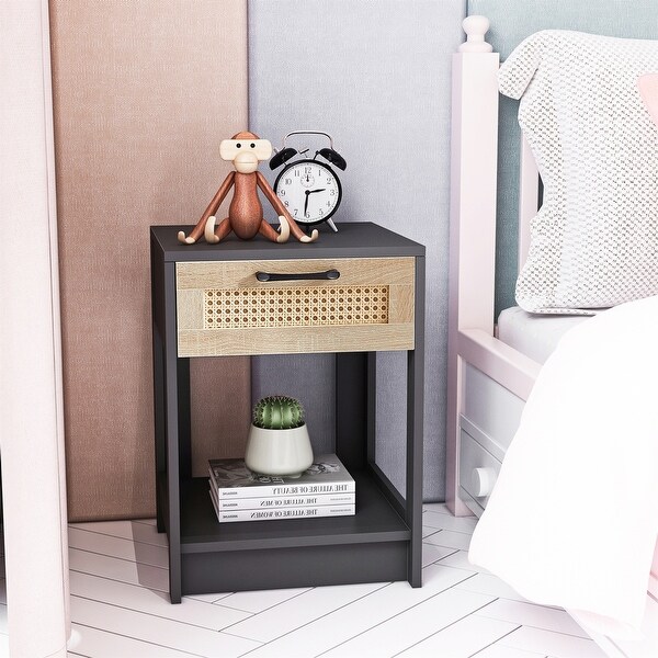 Bedroom Rattan Nightstand Side Table with Drawer for living room - - 37967538