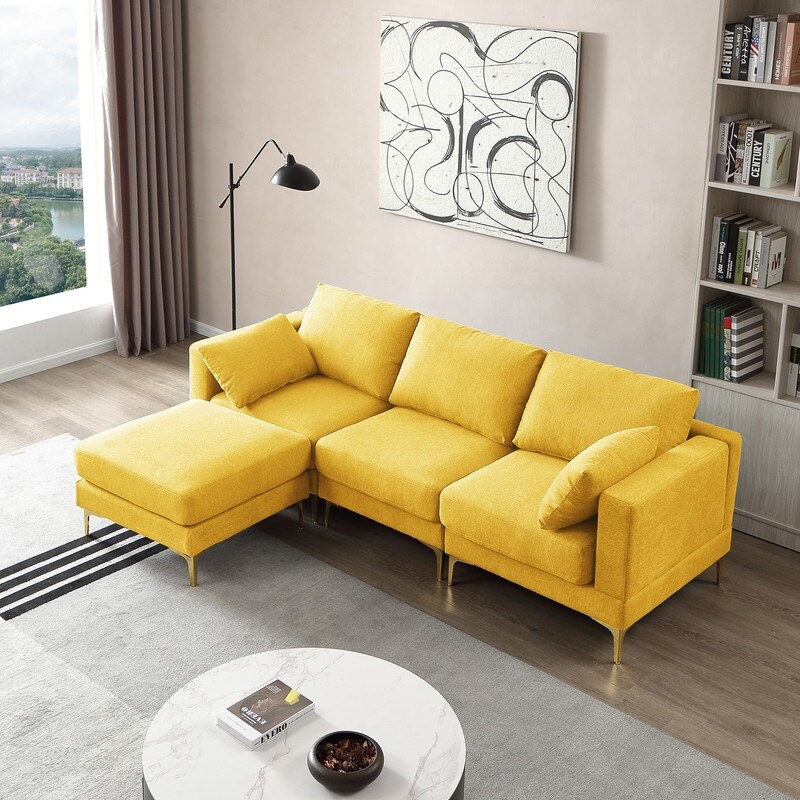 L Shaped Sectional Sofa Couch 3 Seater Convertible Couches with Metal Legs