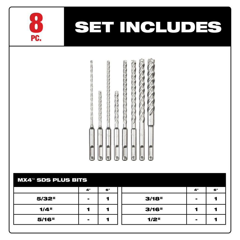 Milwaukee SDS Plus MX4 4 Cutter Drill Bit Kit 8pc 48-20-7663 from Milwaukee