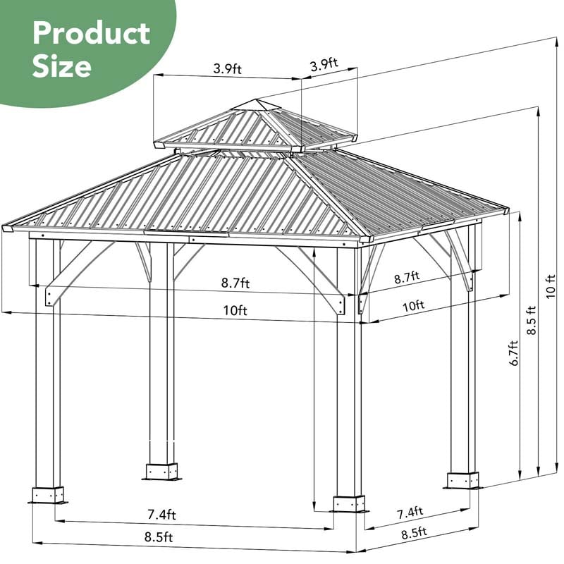 Canada Only - 10 x 10 FT Outdoor Patio Pine Wood Hardtop Gazebo with 2-Tier Metal Roof