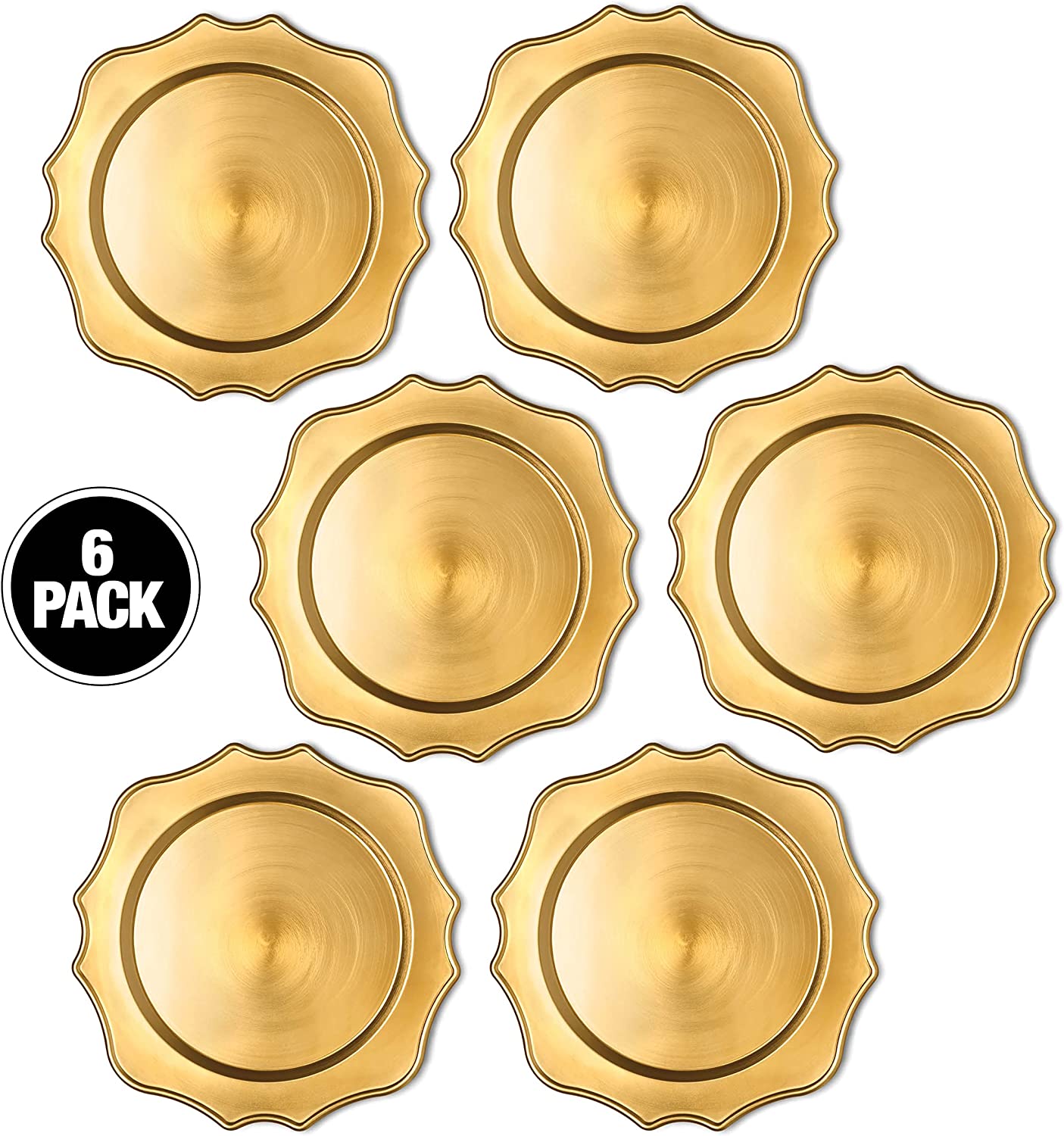 Scalloped Gold Charger Plates， 13” Elegant Chargers， Set of 6， Hand Finished (Finish May Vary) Scalloped Gold Chargers for Dinner Plates and Bowls， Perfect for Weddings， Parties